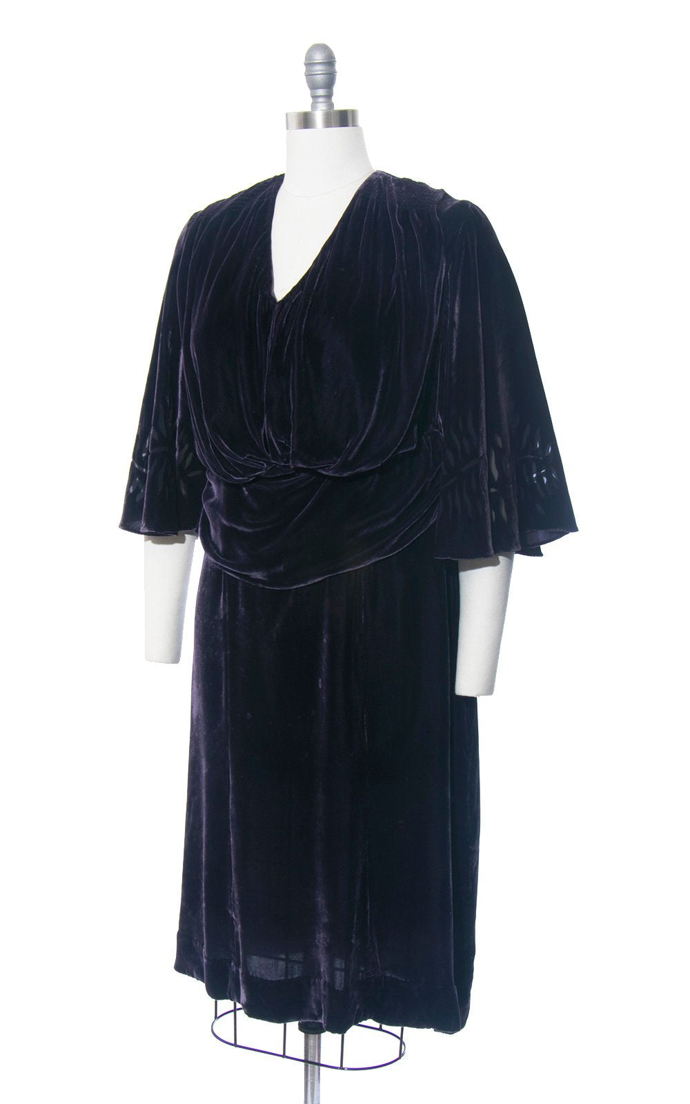 Vintage 1930s Dress | 30s Silk Velvet Sheer Leaf Burnout Dramatic Butterfly Sleeve Dark Blue Purple Formal Evening Gown (medium/large)