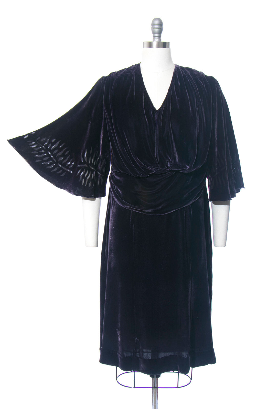 Vintage 1930s Dress | 30s Silk Velvet Sheer Leaf Burnout Dramatic Butterfly Sleeve Dark Blue Purple Formal Evening Gown (medium/large)