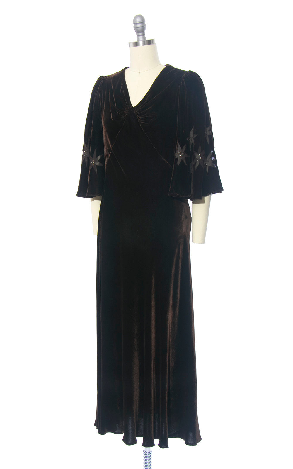 Vintage 1930s Dress | 30s Brown Silk Velvet Rhinestone Sheer Burnout Stars Dramatic Butterfly Sleeve Formal Evening Gown (small/medium)