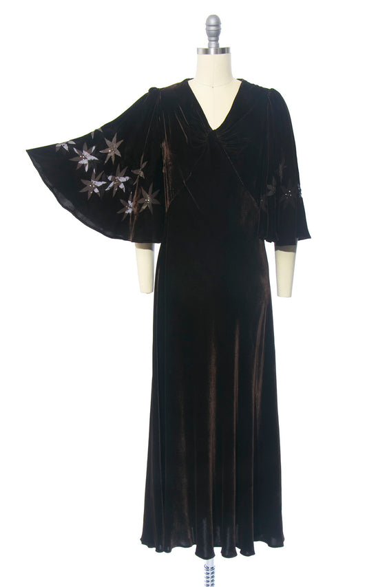 Vintage 1930s Dress | 30s Brown Silk Velvet Rhinestone Sheer Burnout Stars Dramatic Butterfly Sleeve Formal Evening Gown (small/medium)