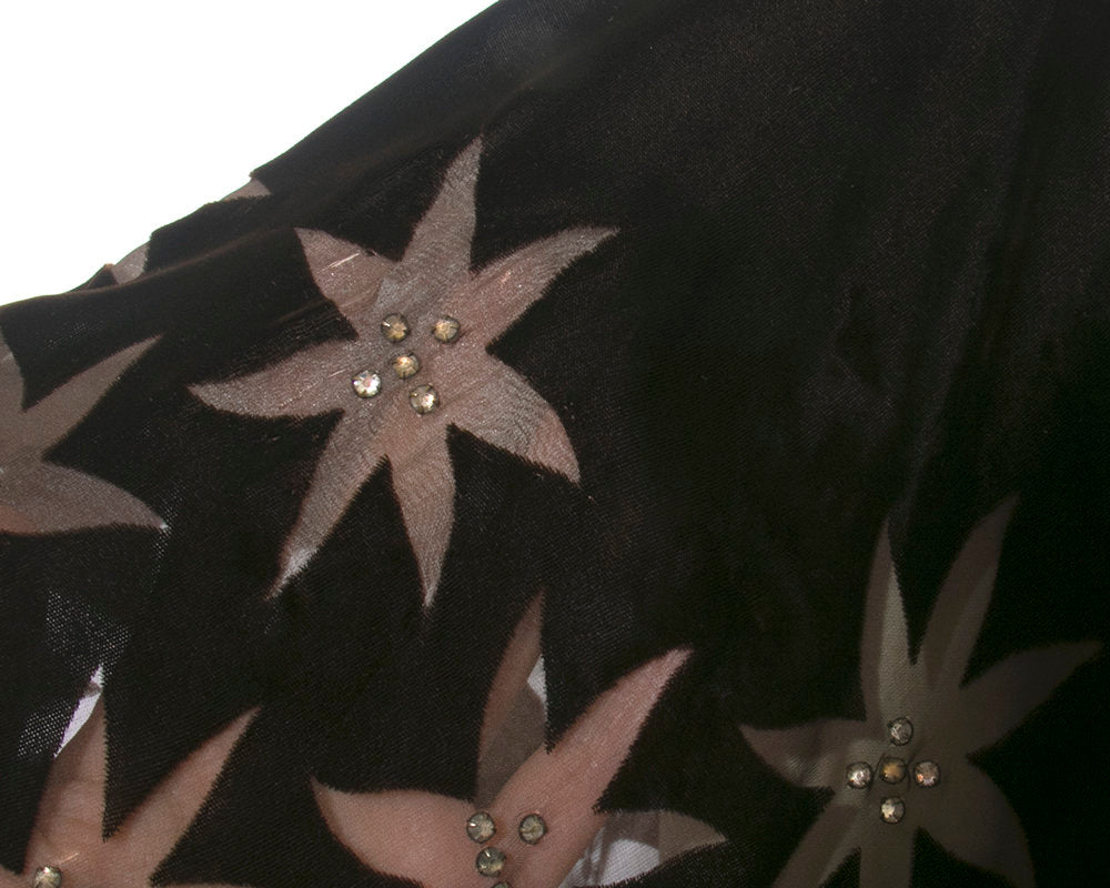 Vintage 1930s Dress | 30s Brown Silk Velvet Rhinestone Sheer Burnout Stars Dramatic Butterfly Sleeve Formal Evening Gown (small/medium)