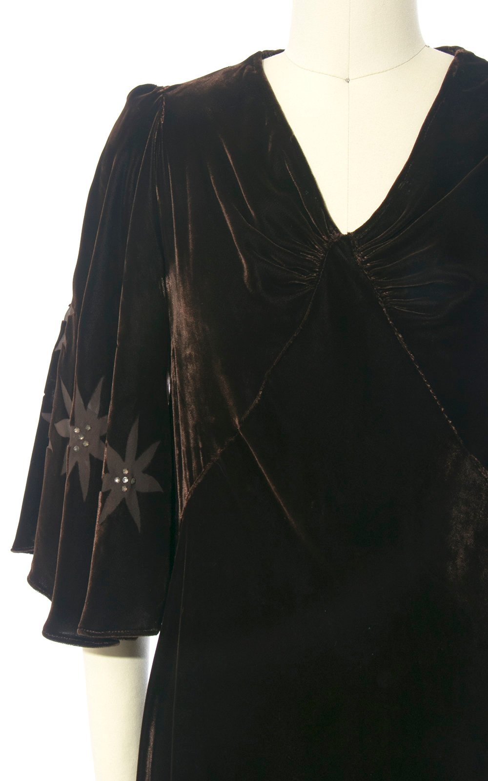 Vintage 1930s Dress | 30s Brown Silk Velvet Rhinestone Sheer Burnout Stars Dramatic Butterfly Sleeve Formal Evening Gown (small/medium)