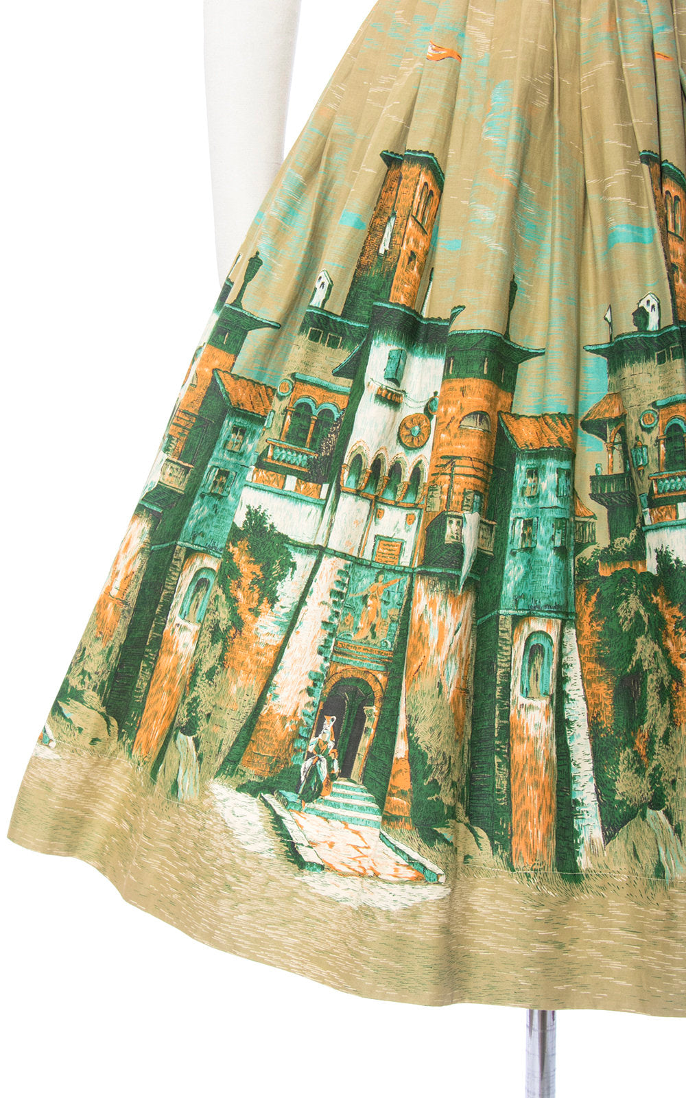 Vintage 1950s Skirt | 50s Novelty Border Print Cotton European Village Scenic Olive Green Full Swing Skirt (small)