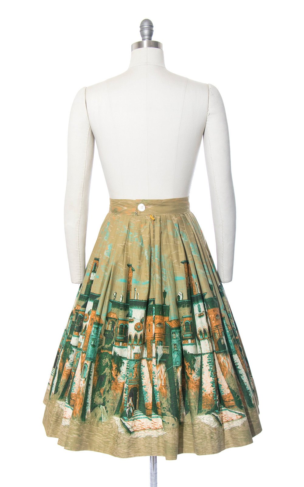 Vintage 1950s Skirt | 50s Novelty Border Print Cotton European Village Scenic Olive Green Full Swing Skirt (small)