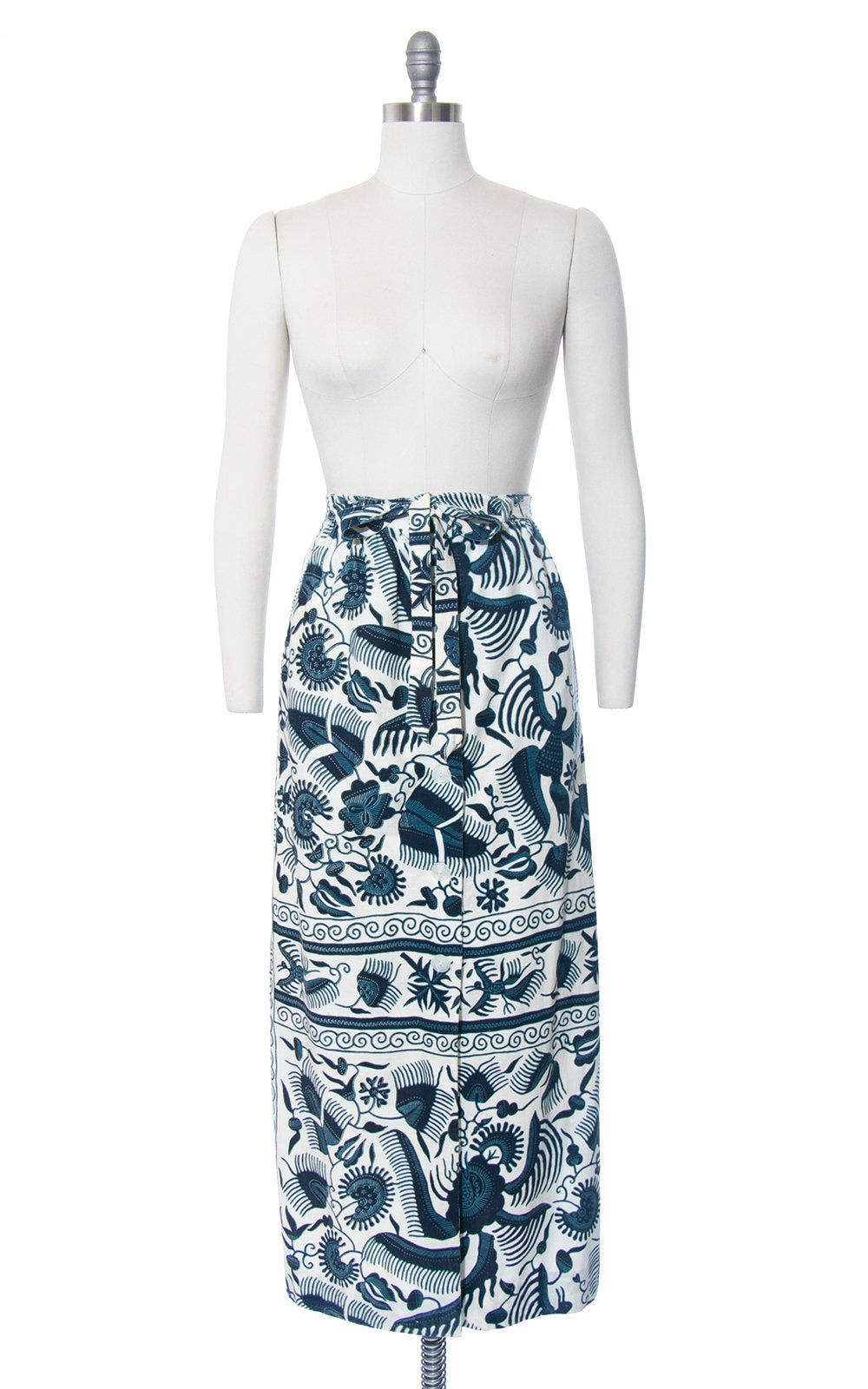 Vintage 1970s Skirt | 70s Floral Bird Batik Print Cotton Button Up Blue Cream Belted High Waisted Boho Maxi Skirt (medium)