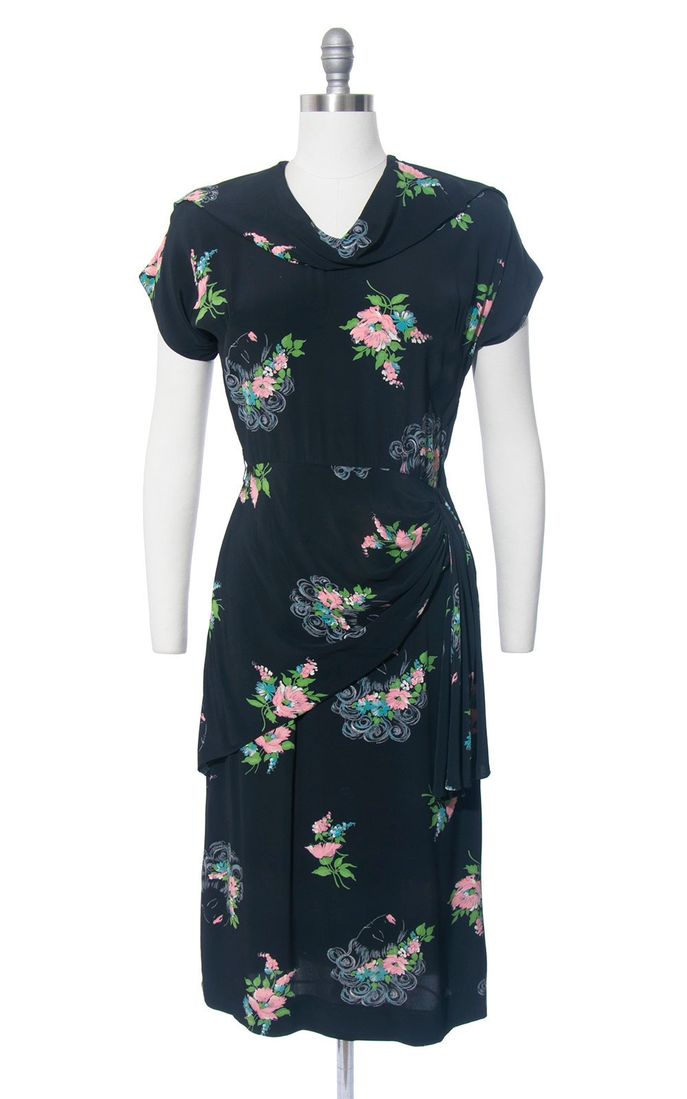 Vintage 1940s Dress | 40s Floral Novelty Print Rayon Lady Faces Printed Navy Blue Cocktail Evening Dress (small/medium)