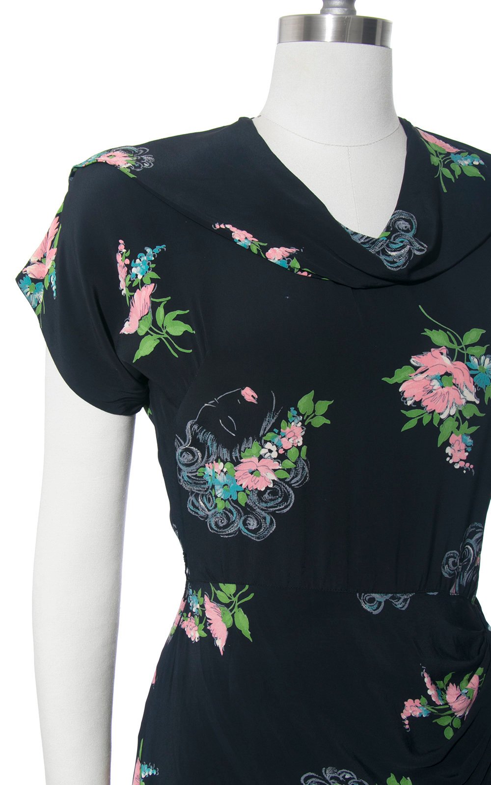 1940s Lady Faces Novelty Print Navy Blue Rayon Evening Dress | small/m Birthday Life Vintage 1940s Lady Faces Novelty Print Navy Blue Rayon Evening Dress | small/m Birthday Life Vintage