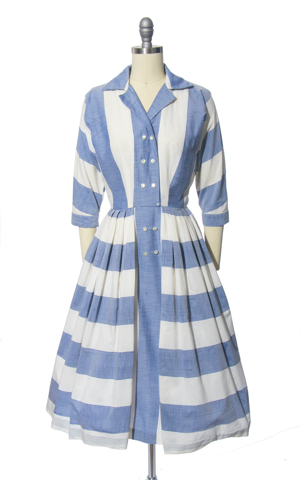 Vintage 1950s Dress | 50s Striped Blue White Cotton Chambray Shirtwaist Full Skirt Shirt Dress (x-small)