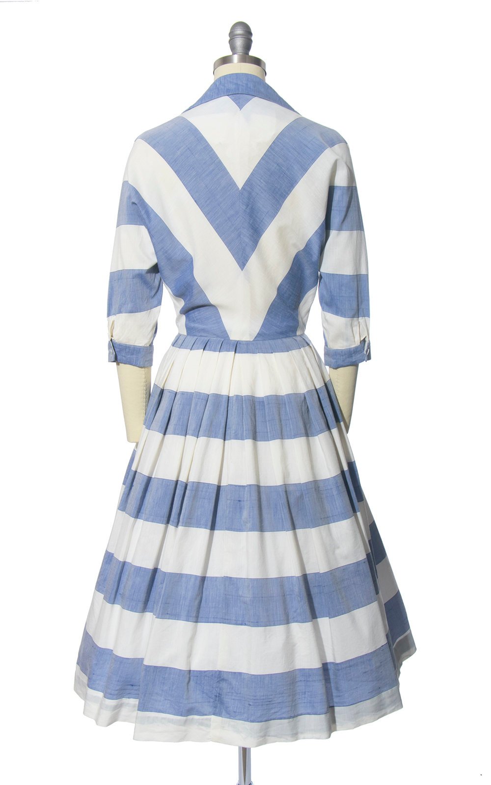 Vintage 1950s Dress | 50s Striped Blue White Cotton Chambray Shirtwaist Full Skirt Shirt Dress (x-small)