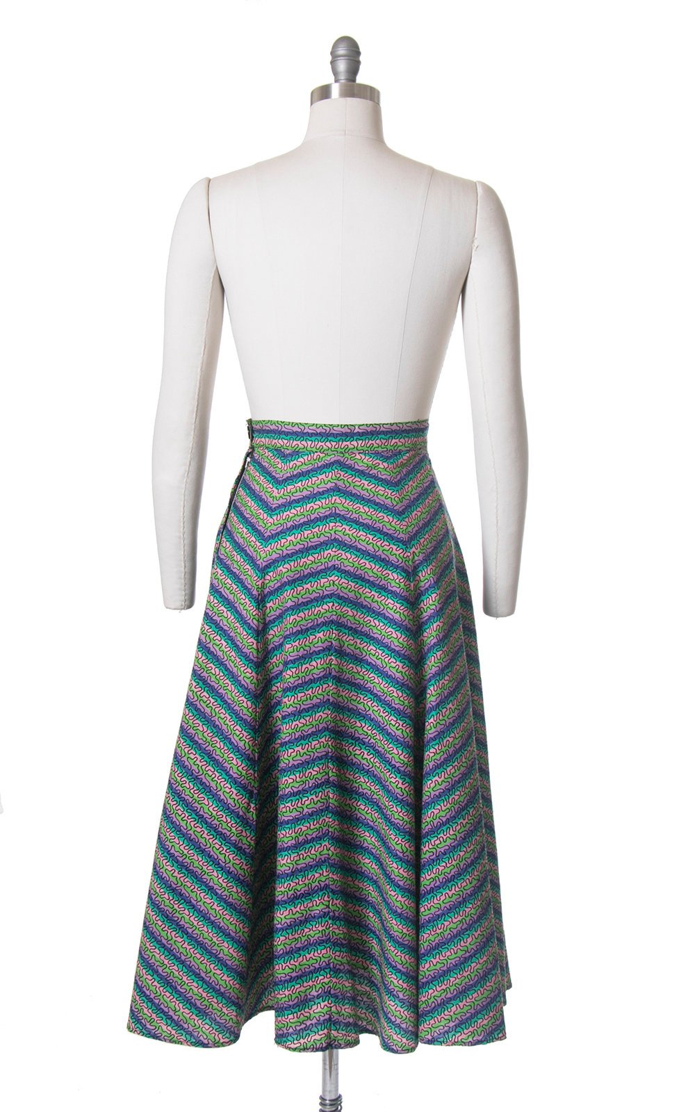 Vintage 1950s Skirt | 50s Rainbow Chevron Striped Soutache Flocked Full Skirt (small)