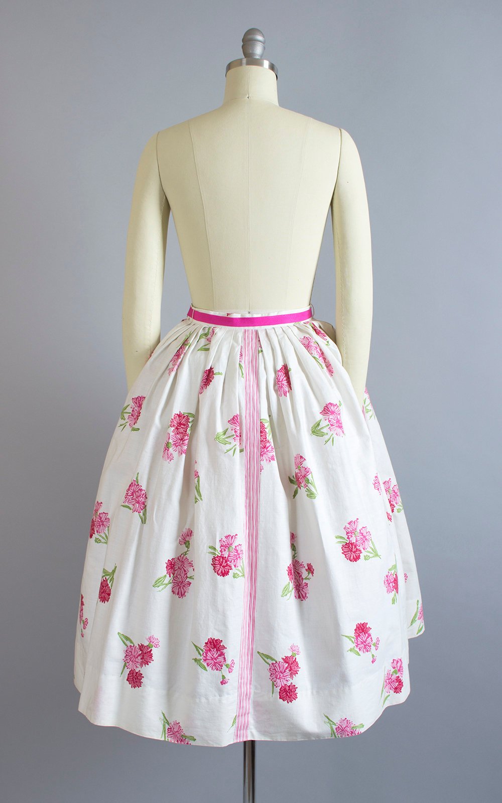 Vintage 1950s Skirt | 50s Floral Striped Printed Cotton White Pink Full Swing Skirt (xs/small)