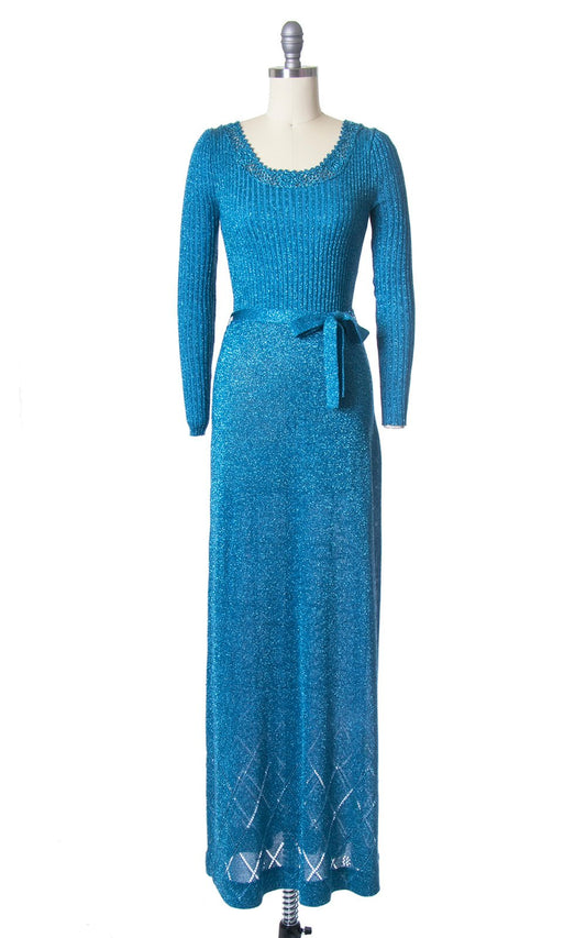 Vintage 1970s Dress | 70s WENJILLI Metallic Blue Knit Sparkly Lurex Party Full Length Maxi Dress (x-small/small/medium)