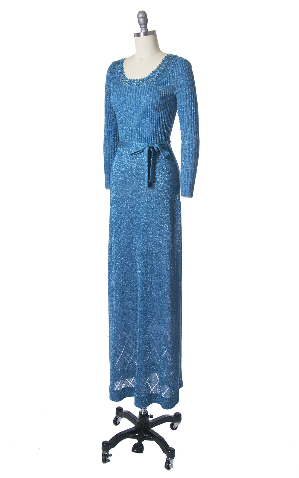 Vintage 1970s Dress | 70s WENJILLI Metallic Blue Knit Sparkly Lurex Party Full Length Maxi Dress (x-small/small/medium)