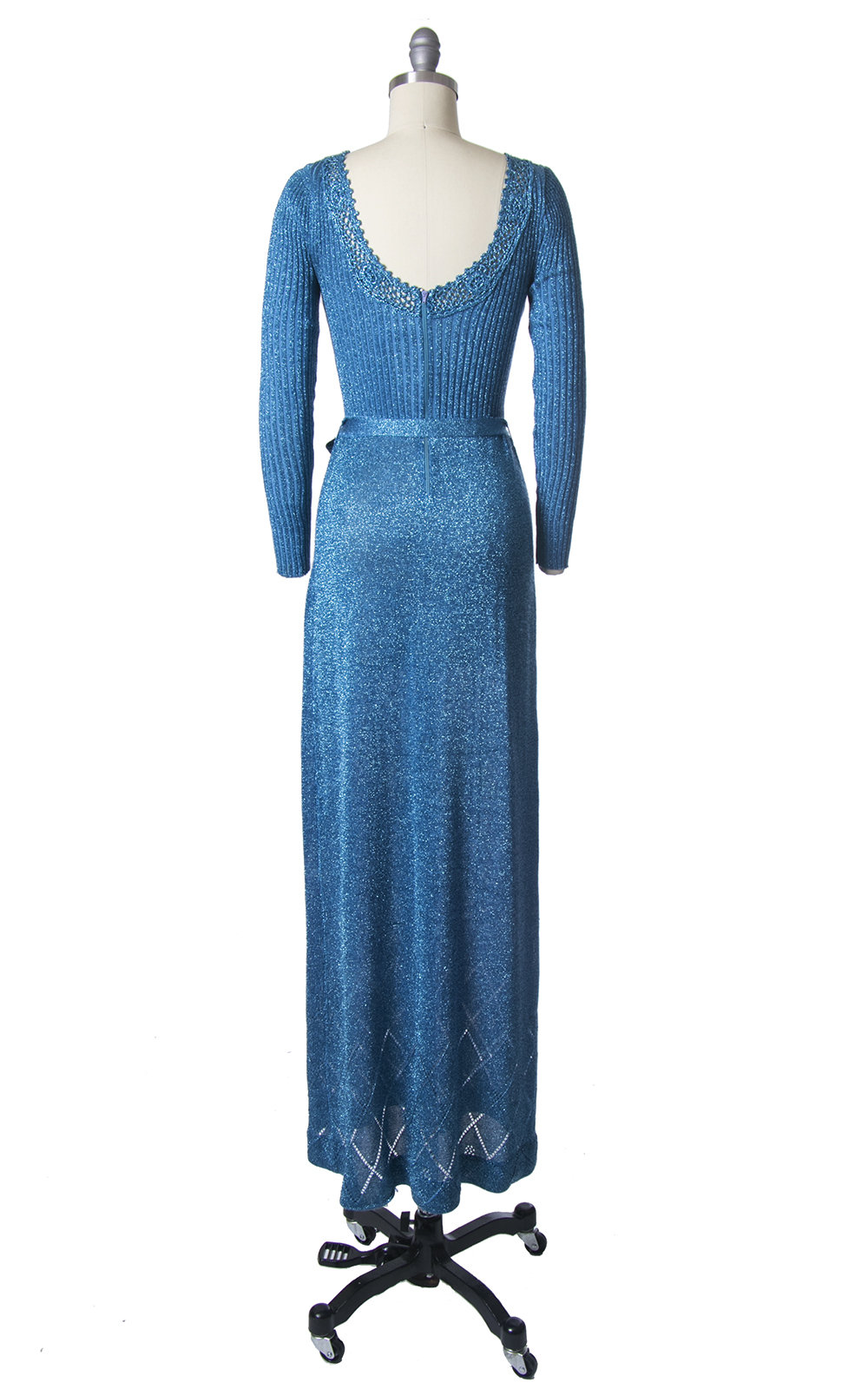 Vintage 1970s Dress | 70s WENJILLI Metallic Blue Knit Sparkly Lurex Party Full Length Maxi Dress (x-small/small/medium)