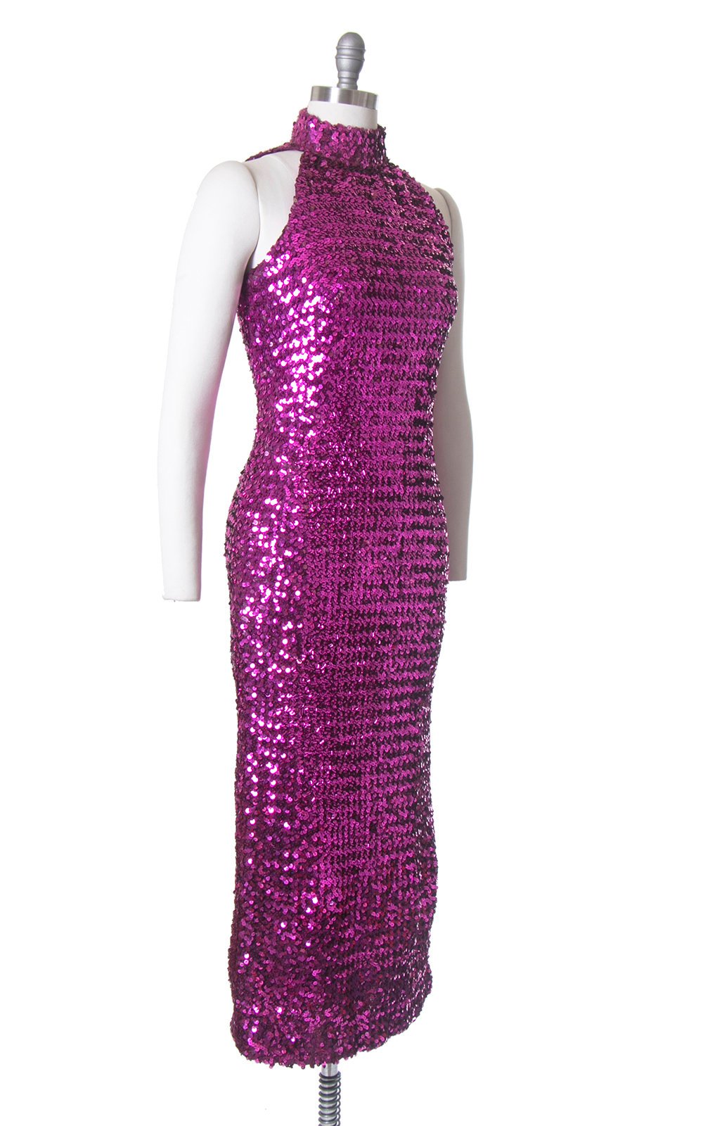 Vintage 1980s Dress | 80s Sequin Sparkly Purple Pink Halter Open Back Full Length Burlesque Holiday Party Dress (small/medium)