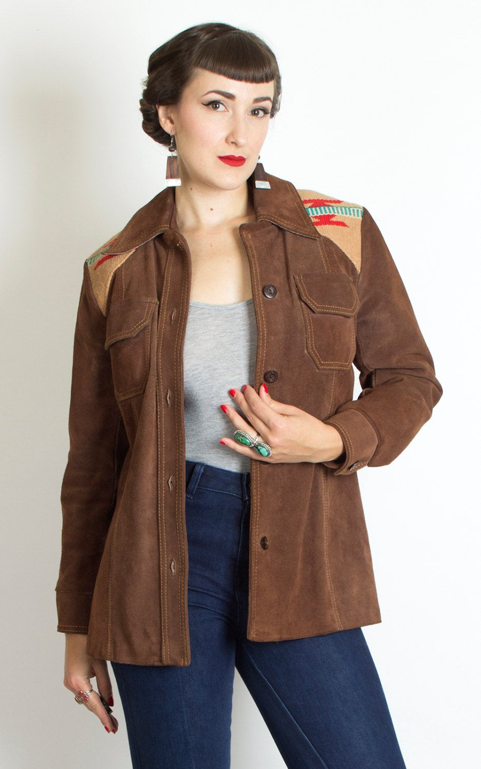 Vintage 1970s Jacket | 70s MS PIONEER Chimayo Wool Brown Suede Southwestern Hand-Woven Blanket Bohemian Coat (medium)
