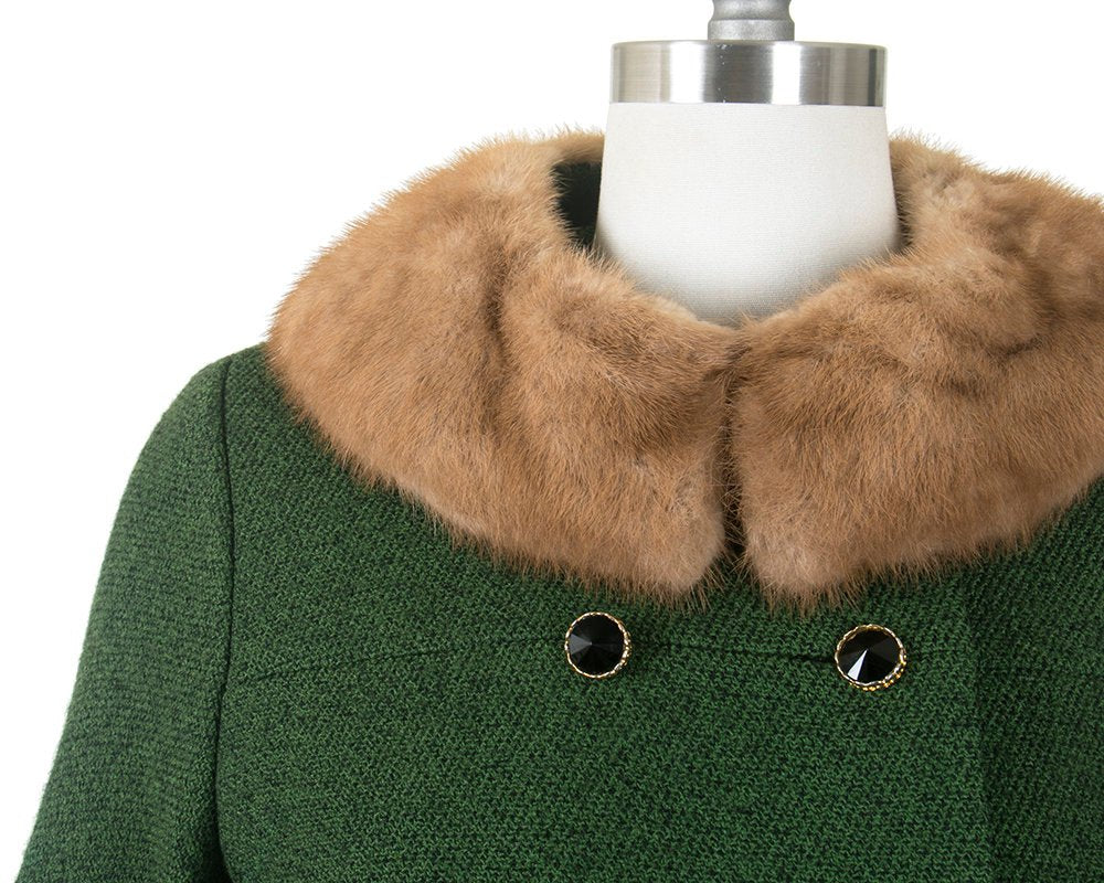Vintage 1960s Coat | 60s Forest Green Wool Brown Mink Fur Collar Double Breasted Winter Pea Coat (medium)