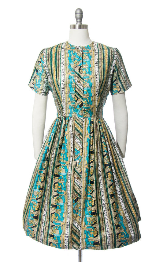 Vintage 1950s 1960s Dress | 50s 60s Egyptian Novelty Print Cotton Shirt Dress Full Skirt Shirtwaist Day Dress (medium/large)