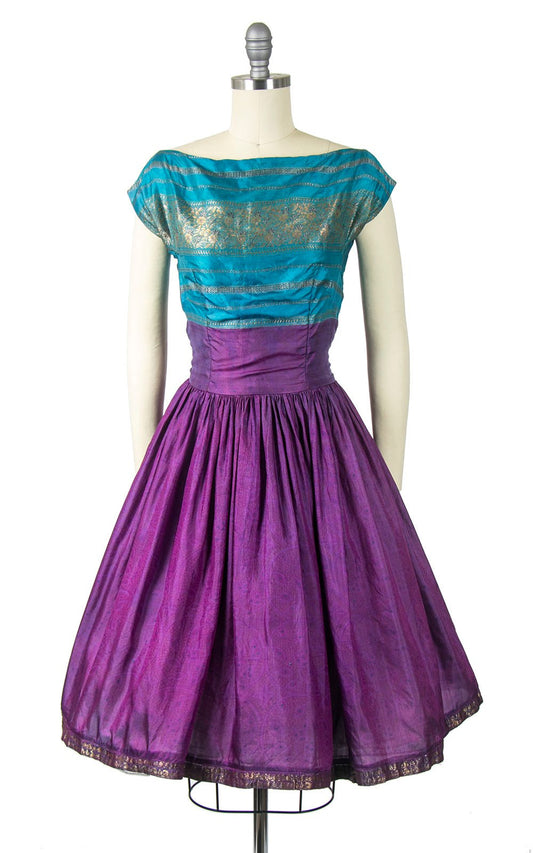 Vintage 1950s Dress | 50s Silk Color Block Indian Style Metallic Floral Blue Purple Full Skirt Party Dress (small)