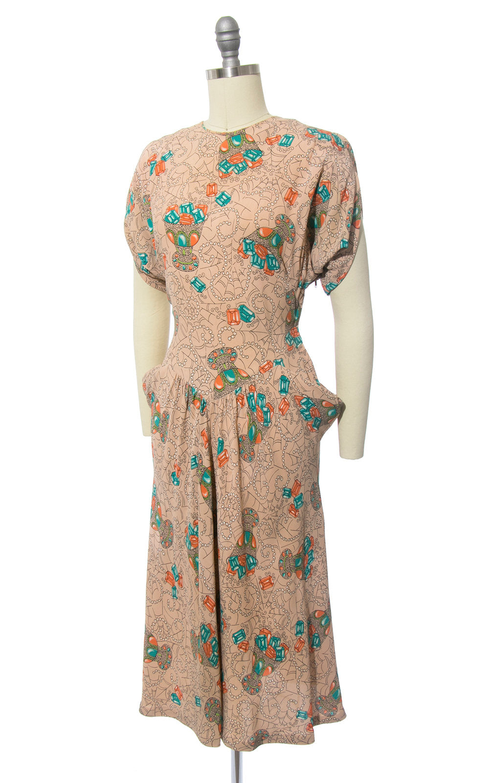 RARE Vintage 1940s Dress | 40s Spiderweb Gems Novelty Print Rayon Crepe Nude Cocktail Evening Dress w/ Pockets (small)