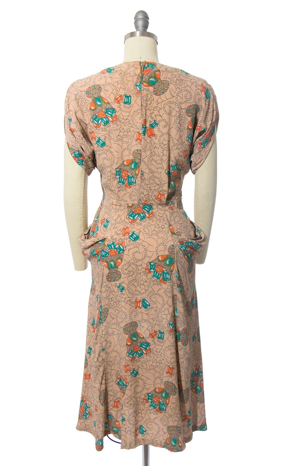 RARE Vintage 1940s Dress | 40s Spiderweb Gems Novelty Print Rayon Crepe Nude Cocktail Evening Dress w/ Pockets (small)