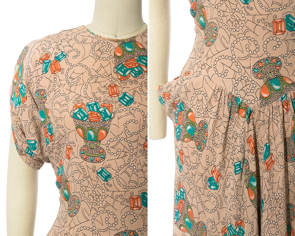 RARE Vintage 1940s Dress | 40s Spiderweb Gems Novelty Print Rayon Crepe Nude Cocktail Evening Dress w/ Pockets (small)