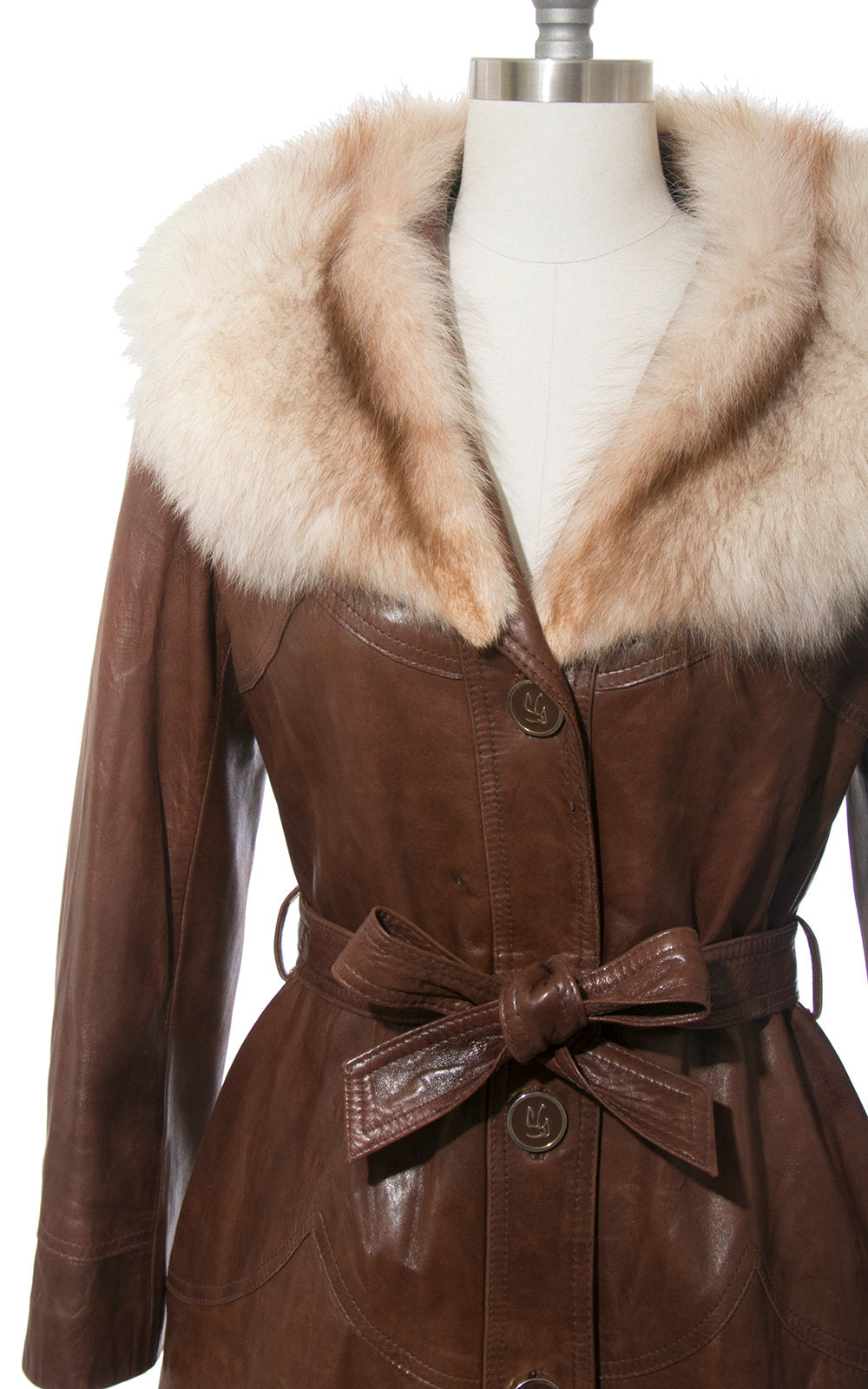 Vintage 1970s Coat | 70s Fox Fur Collar Buttery Brown Leather Belted Princess Coat (medium)