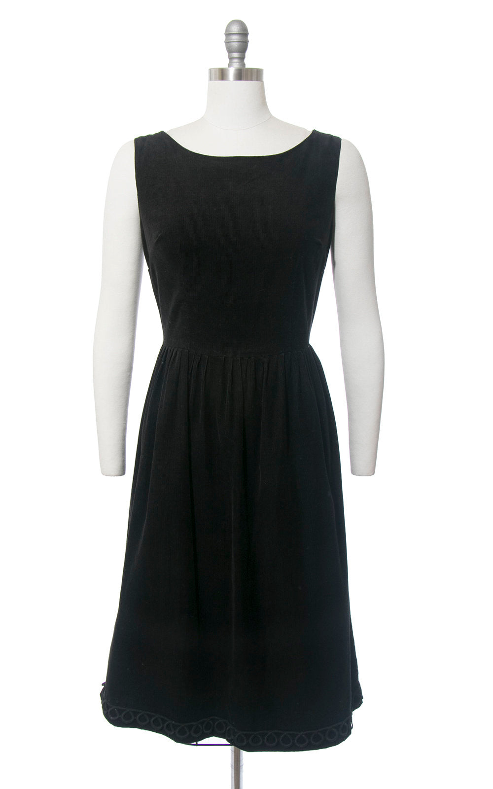 Vintage 1950s Dress | 50s Black Corduroy Cording Trim Full Skirt Sleeveless Day Dress (medium)
