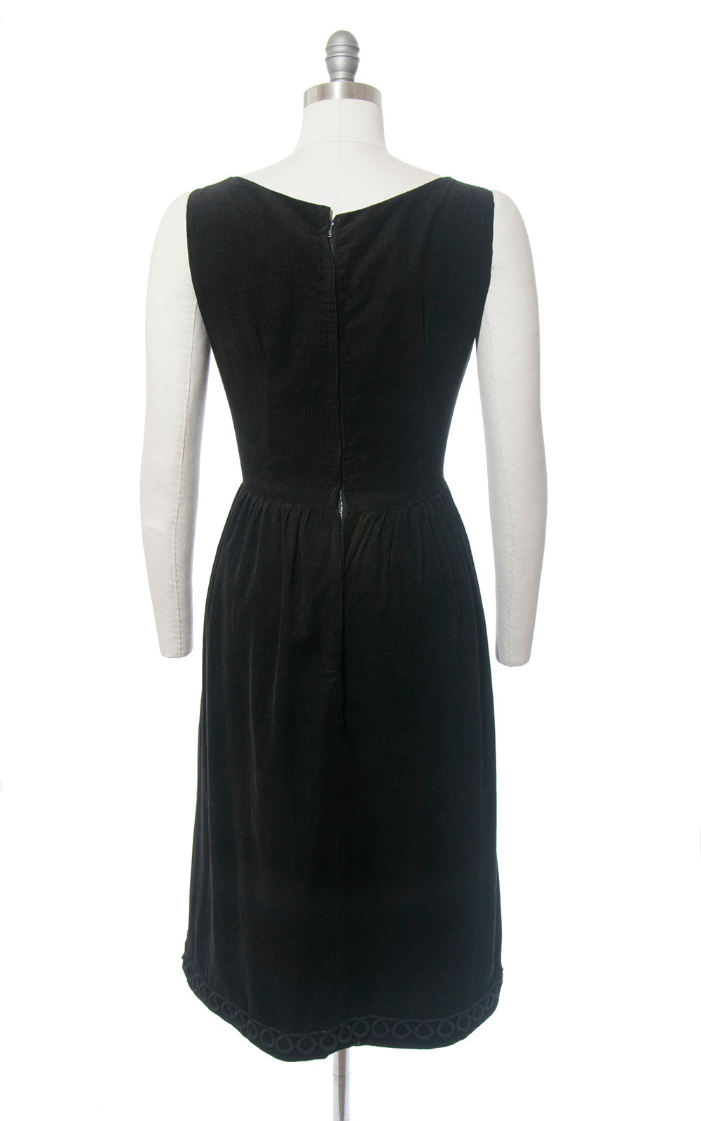 Vintage 1950s Dress | 50s Black Corduroy Cording Trim Full Skirt Sleeveless Day Dress (medium)