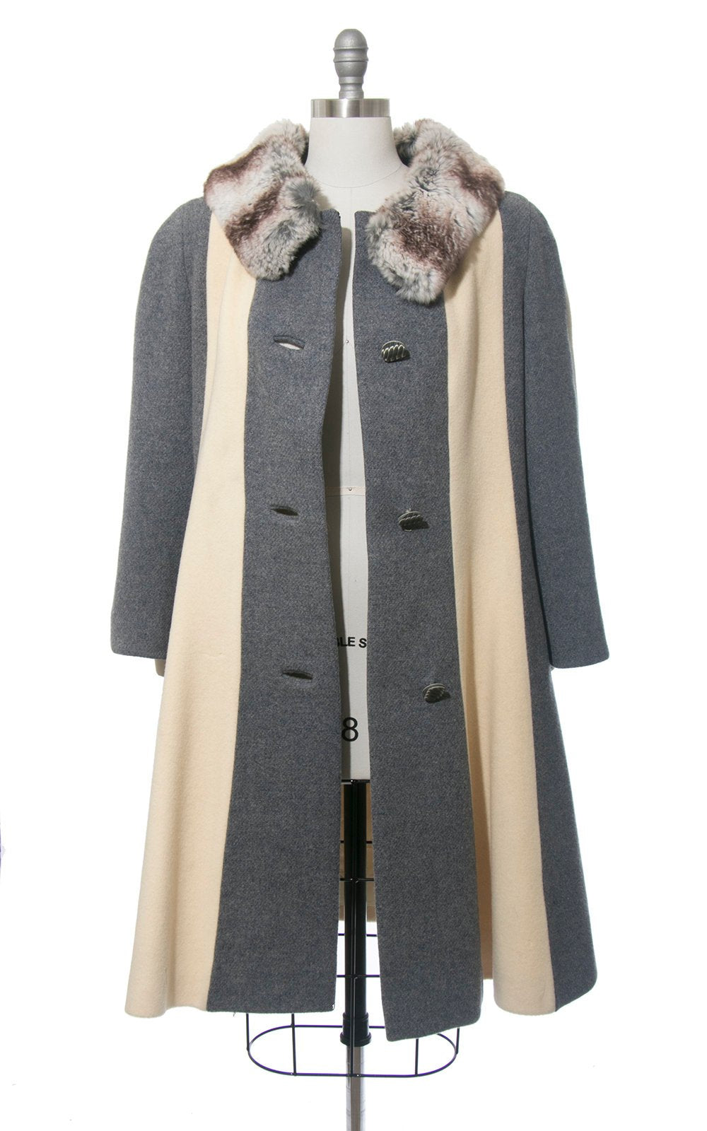 Vintage 1960s Coat | 60s LILLI ANN Fur Collar Striped Wool Princess Coat Grey Gray Cream Winter Swing Coat (medium/large)