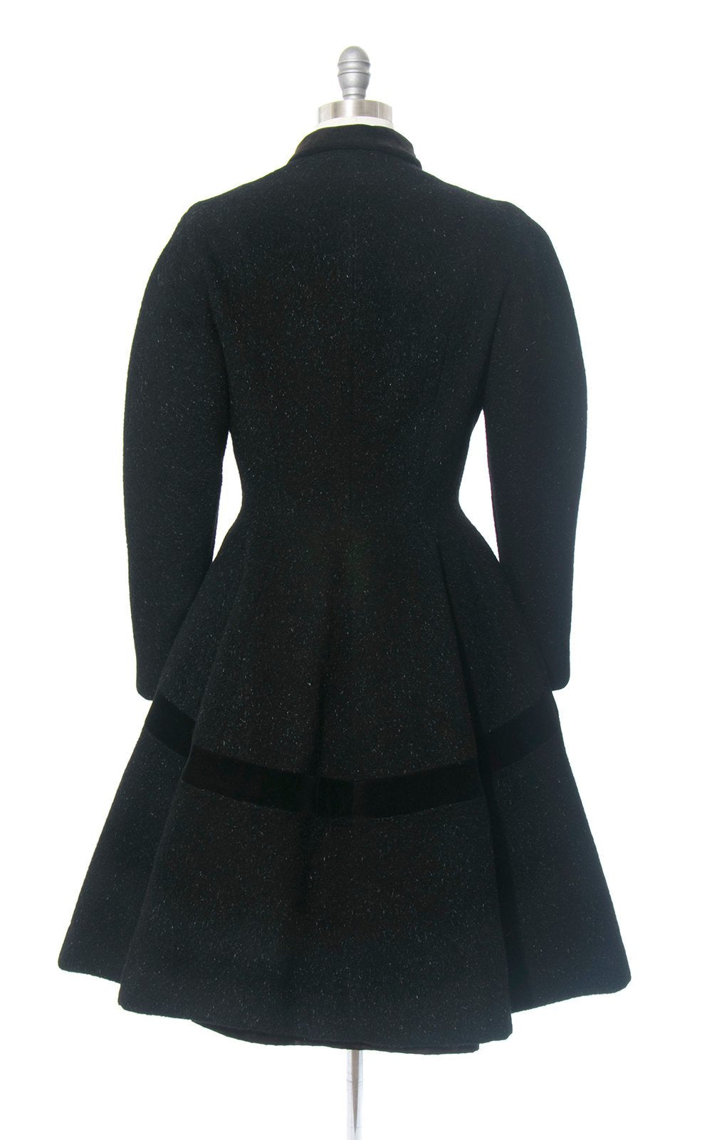 Vintage 1950s Princess Coat | 50s LILLI ANN Black Wool Mohair Velvet Trim Wasp Waist New Look Full Skirt Warm Winter Coat (medium)