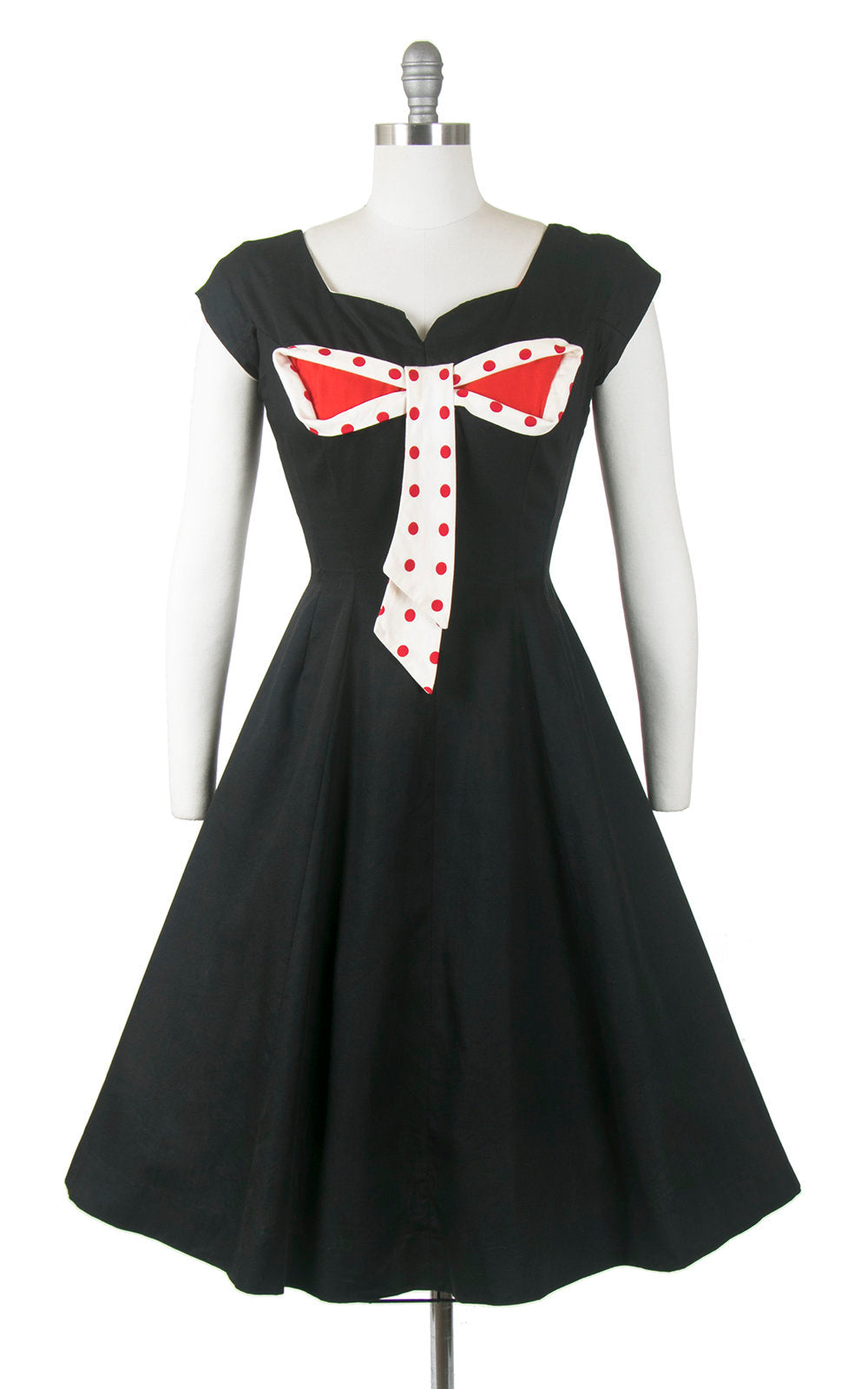 Vintage 1950s Dress | 50s MISS ELLIETTE Polka Dot Bow Cotton Black Red Full Skirt Holiday Party Day Dress (small)