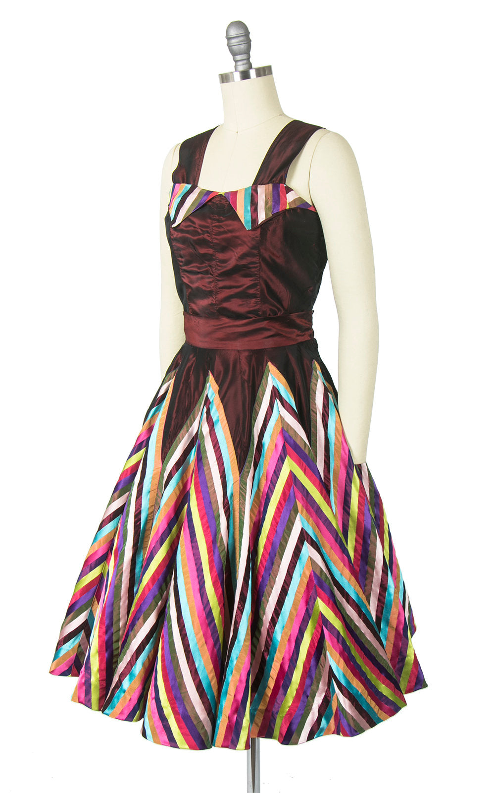 Vintage 1950s Dress Set | 50s Rainbow Chevron Striped Taffeta Circle Skirt Sleeveless Top Holiday Party Dress (small)