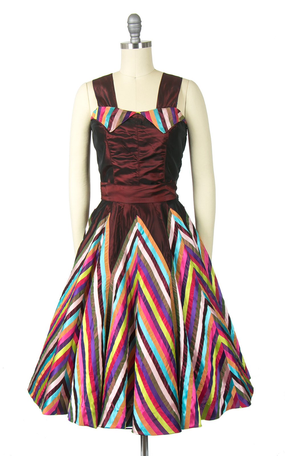 Vintage 1950s Dress Set | 50s Rainbow Chevron Striped Taffeta Circle Skirt Sleeveless Top Holiday Party Dress (small)