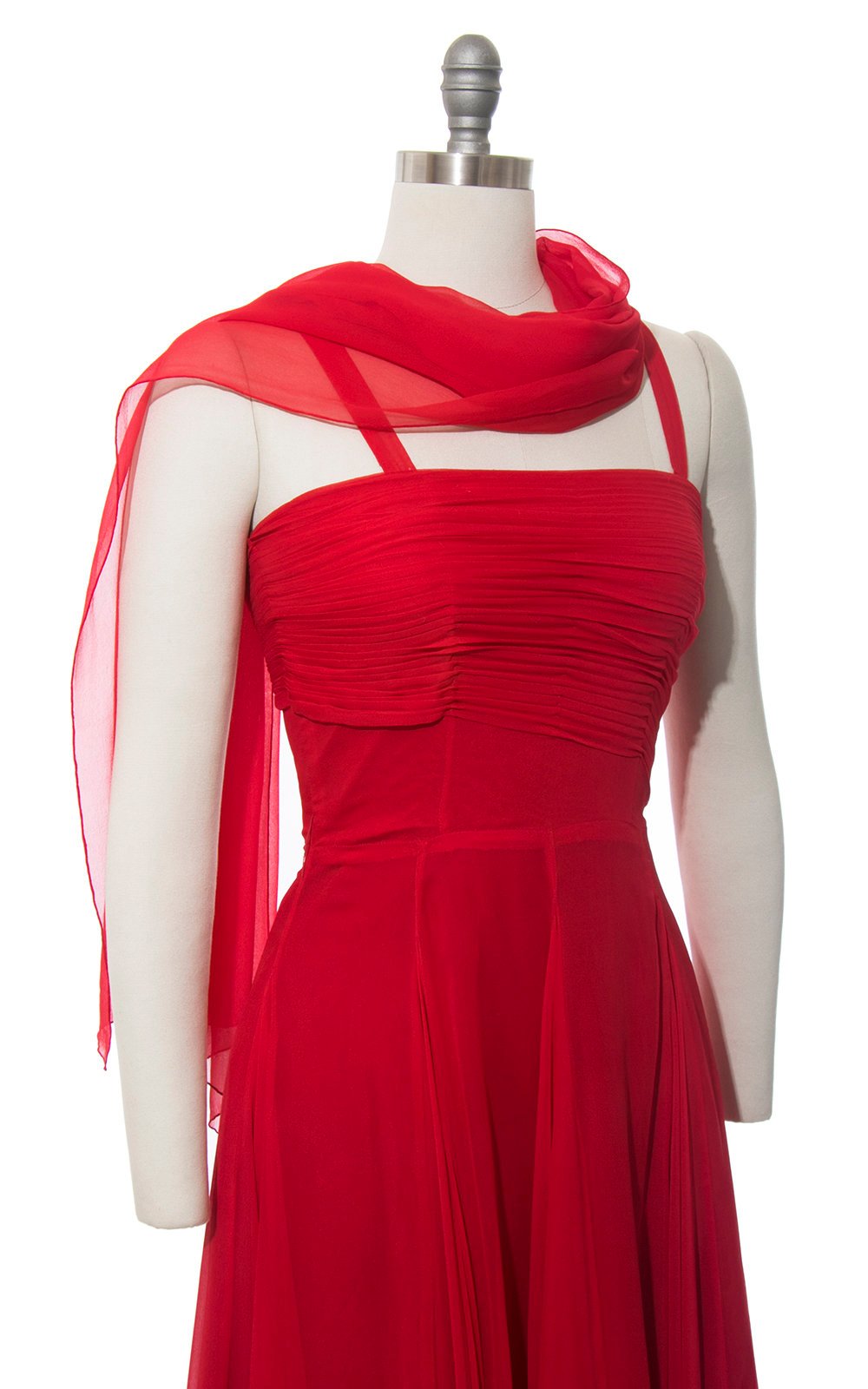 Vintage 1950s Dress | 50s Red Silk Chiffon Pleated Party Dress Full Length Holiday Evening Gown with Waterfall Sash (small)