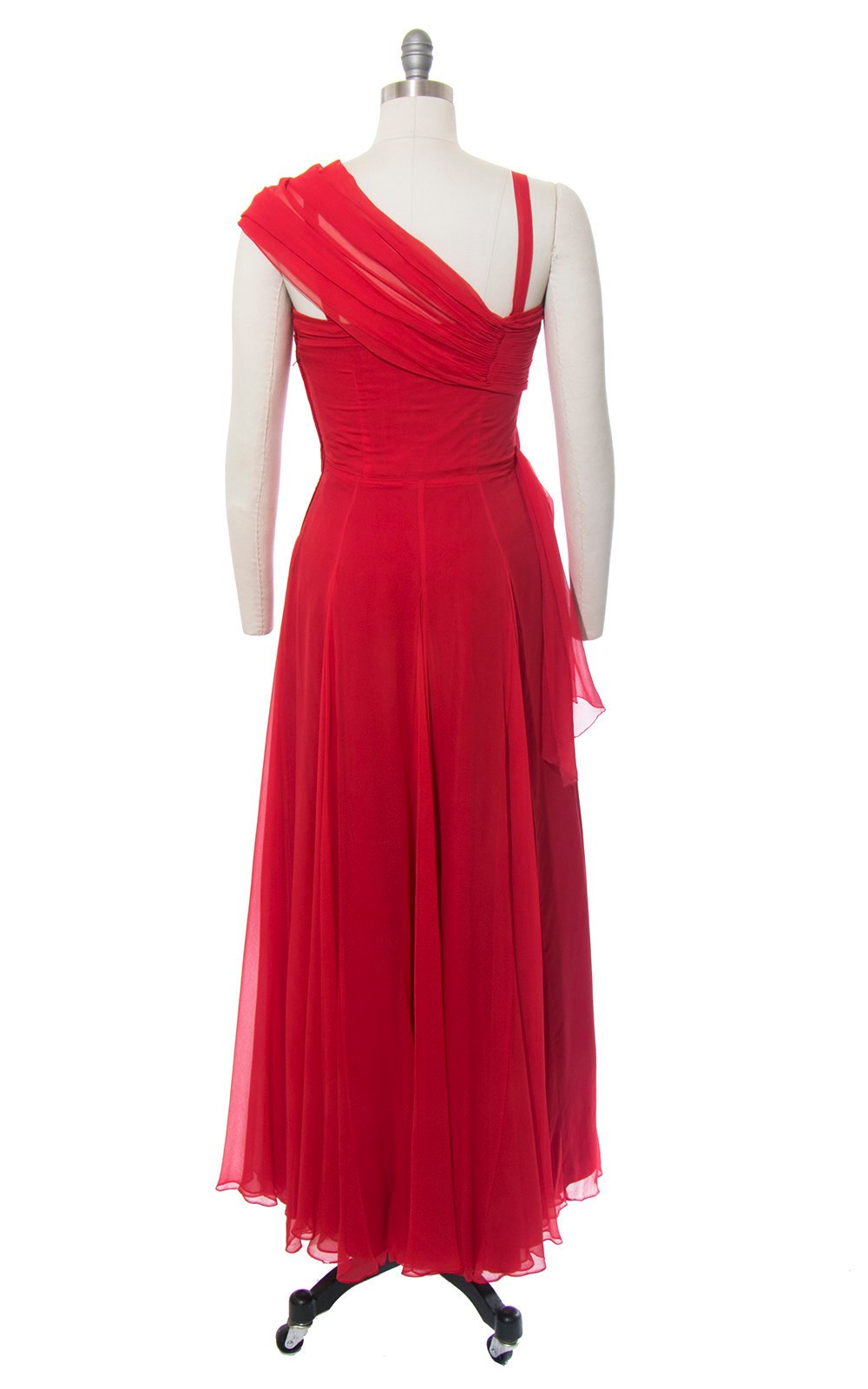 Vintage 1950s Dress | 50s Red Silk Chiffon Pleated Party Dress Full Length Holiday Evening Gown with Waterfall Sash (small)