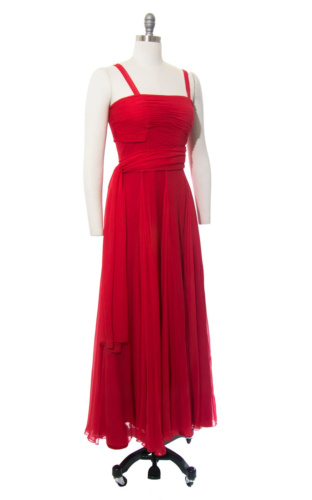 Vintage 1950s Dress | 50s Red Silk Chiffon Pleated Party Dress Full Length Holiday Evening Gown with Waterfall Sash (small)