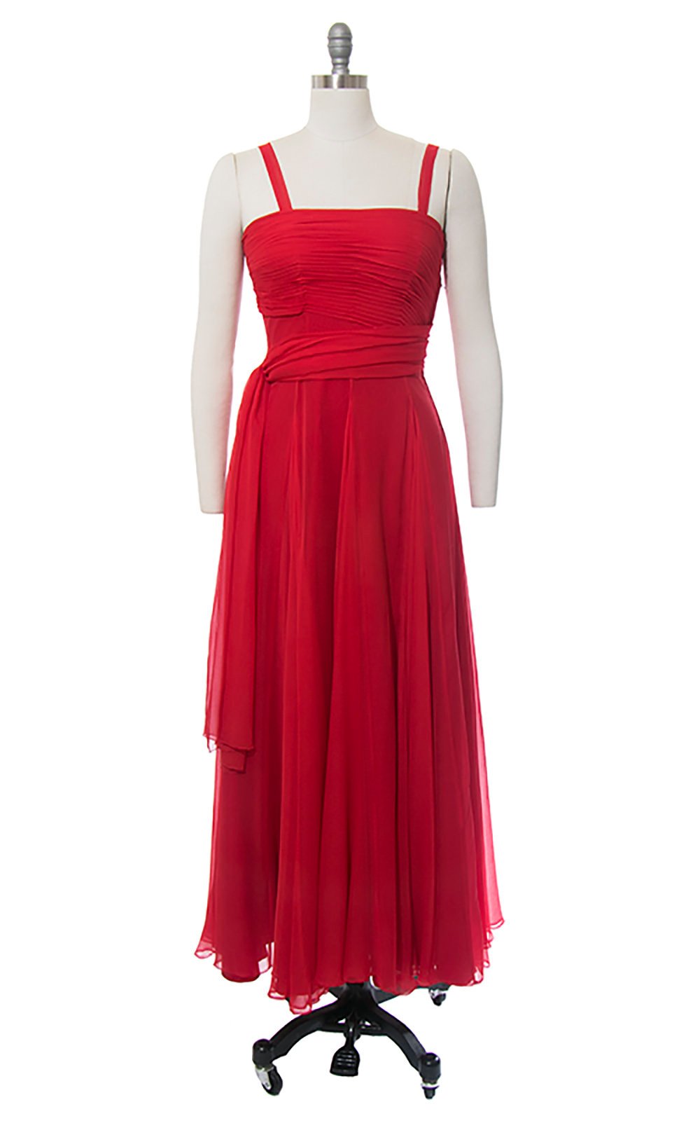 Vintage 1950s Dress | 50s Red Silk Chiffon Pleated Party Dress Full Length Holiday Evening Gown with Waterfall Sash (small)