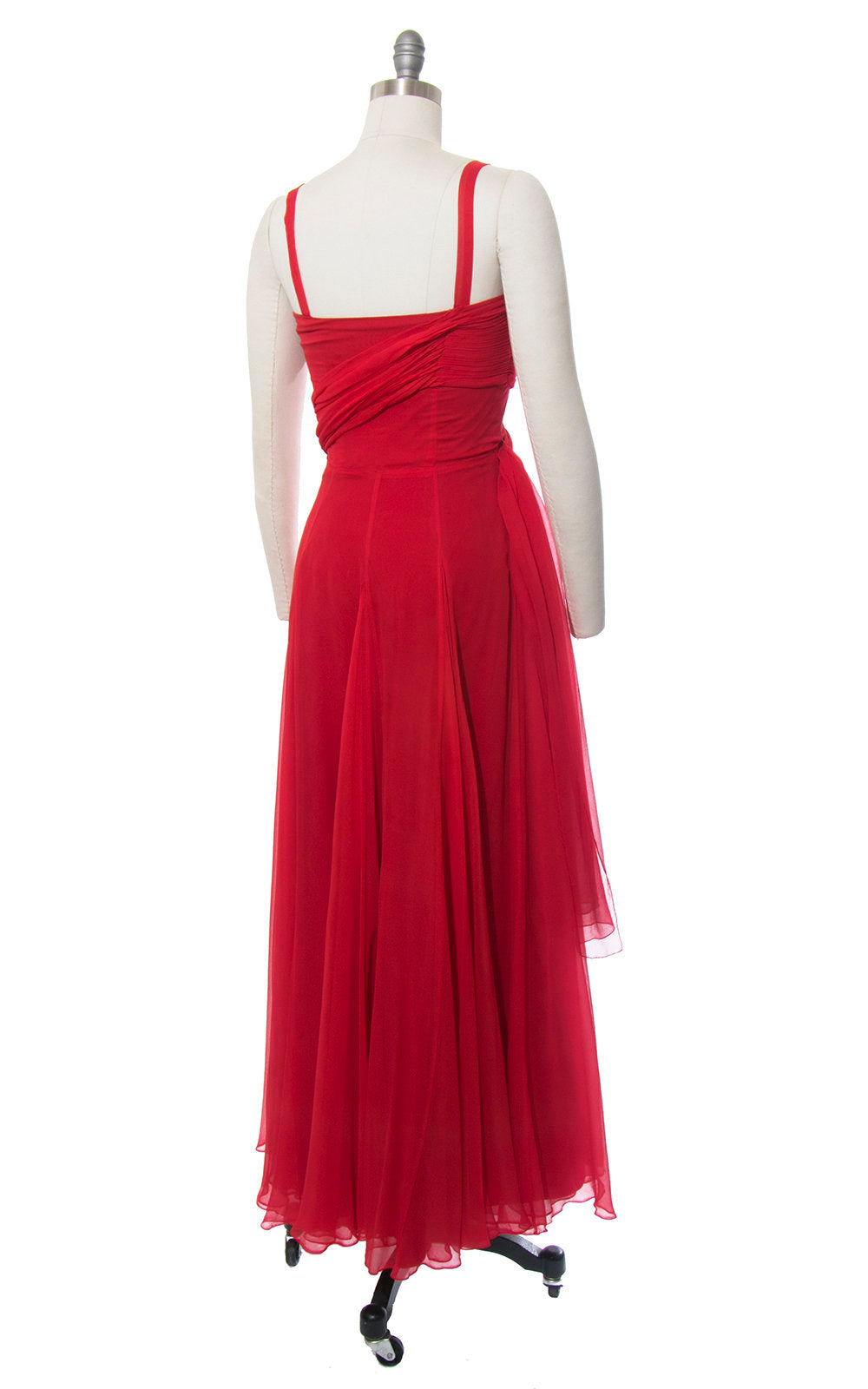 Vintage 1950s Dress | 50s Red Silk Chiffon Pleated Party Dress Full Length Holiday Evening Gown with Waterfall Sash (small)