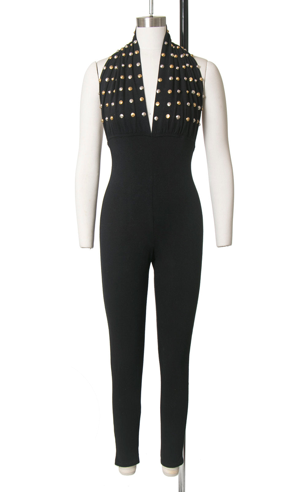 Vintage 1980s Jumpsuit | 80s Metal Studded Halter Black Stretchy Bodycon Open Back Catsuit (x-small/small)