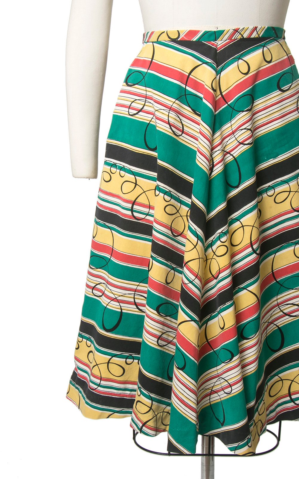 Vintage 1940s Skirt | 40s Striped Chevron Swirl Printed Colorful Cotton Full Swing Skirt (small)