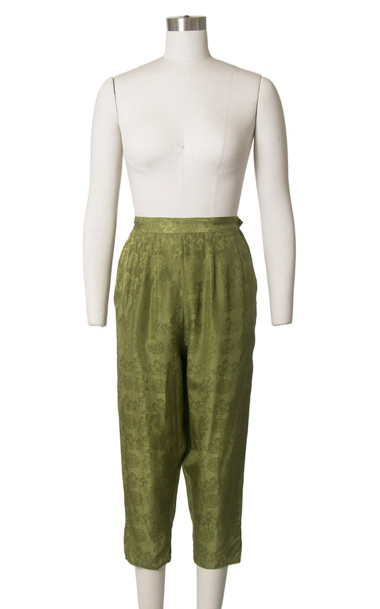 Vintage 1950s 1960s Capri Pants | 50s 60s Silk Asian Jacquard Olive Green High Waisted Cigarette Pants (small)