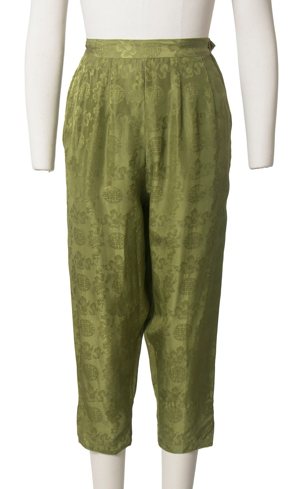 Vintage 1950s 1960s Capri Pants | 50s 60s Silk Asian Jacquard Olive Green High Waisted Cigarette Pants (small)