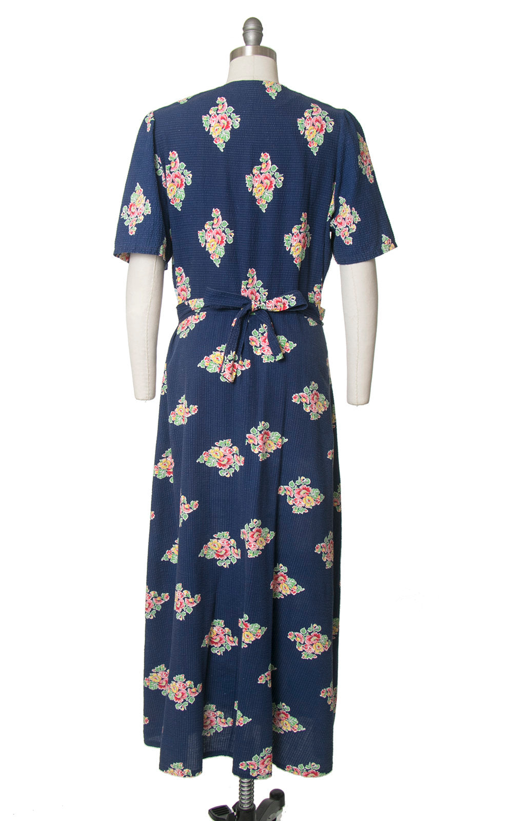 Vintage 1940s Dress | 40s Floral Cotton Dressing Gown Navy Blue Maxi Day House Dress (large/x-large)