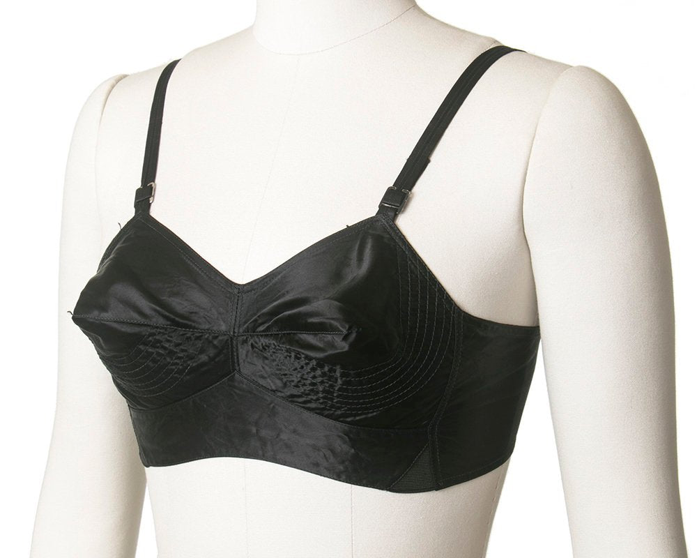 Vintage 1950s Bullet Bra | 50s Black Satin Circle Stitch Full Coverage Bra Without Underwire (30B 30C 32B 32C)