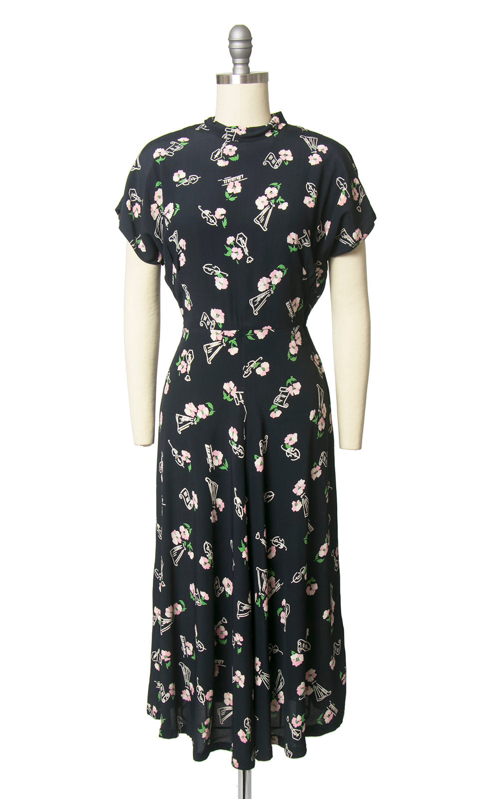 Vintage 1940s Dress | 40s Music Instruments Novelty Print Floral Rayon Crepe Navy Blue Cocktail Dress (small)