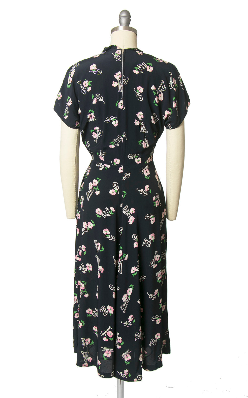 Vintage 1940s Dress | 40s Music Instruments Novelty Print Floral Rayon Crepe Navy Blue Cocktail Dress (small)