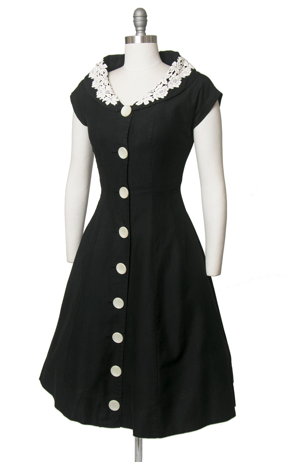 1950s Lace Collar Black Cotton Button Down Shirt Dress