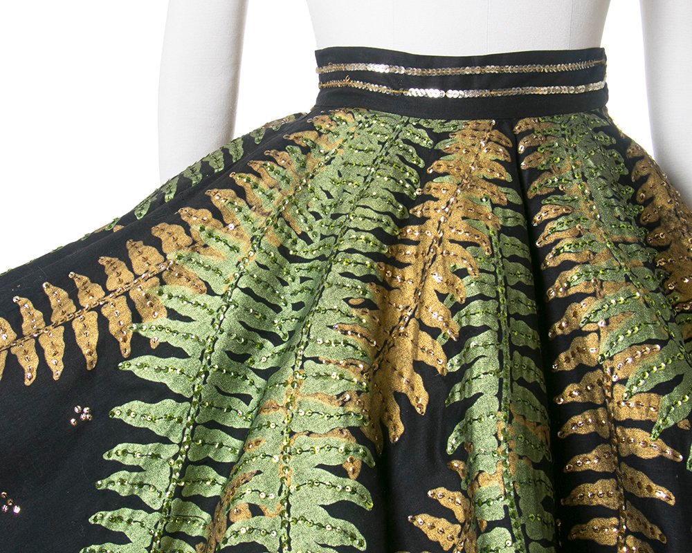 RARE Vintage 1950s Circle Skirt | 50s Mexican Sequin Fern Novelty Print Black Cotton Hand Painted Souvenir Skirt (small)