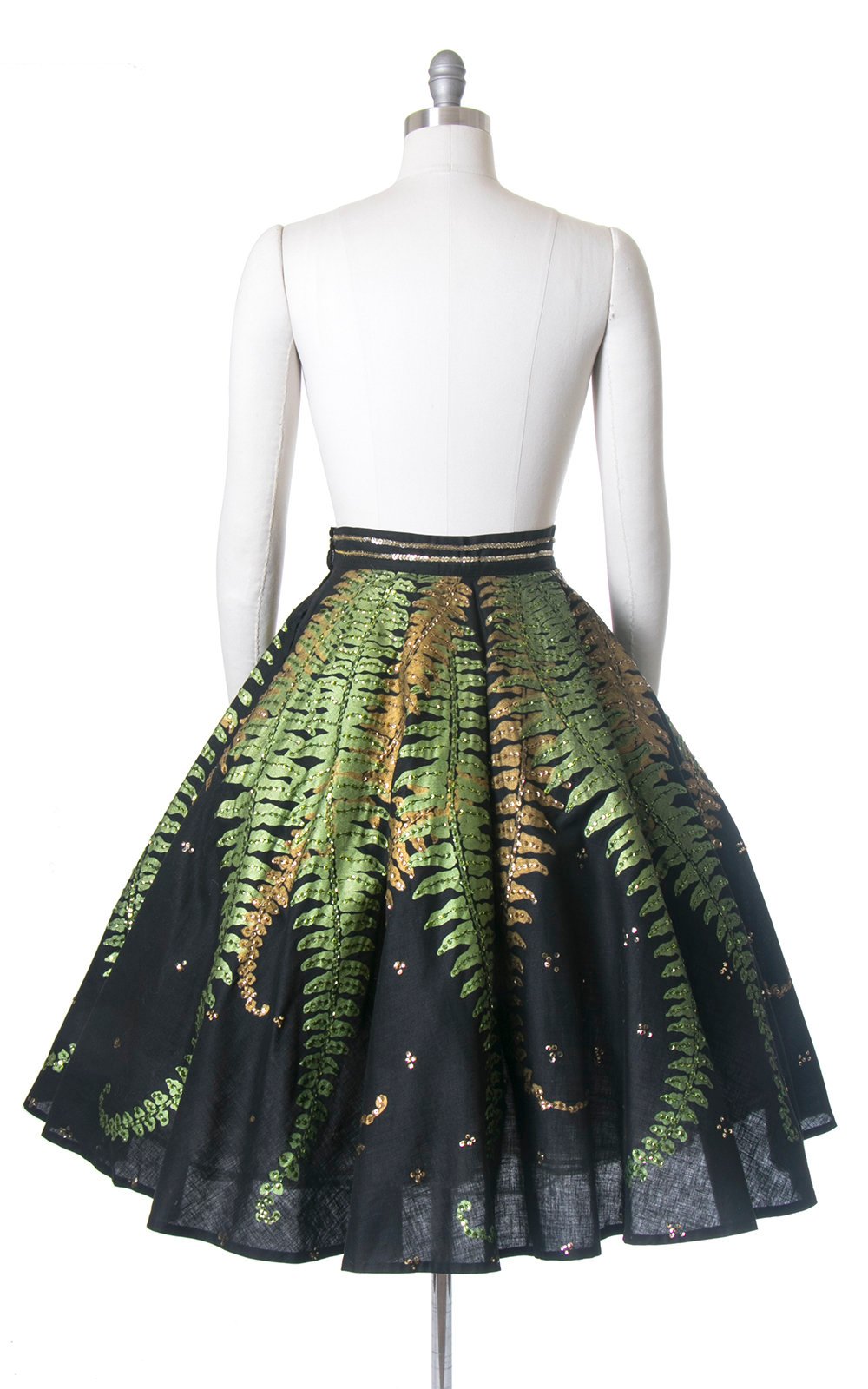 RARE Vintage 1950s Circle Skirt | 50s Mexican Sequin Fern Novelty Print Black Cotton Hand Painted Souvenir Skirt (small)